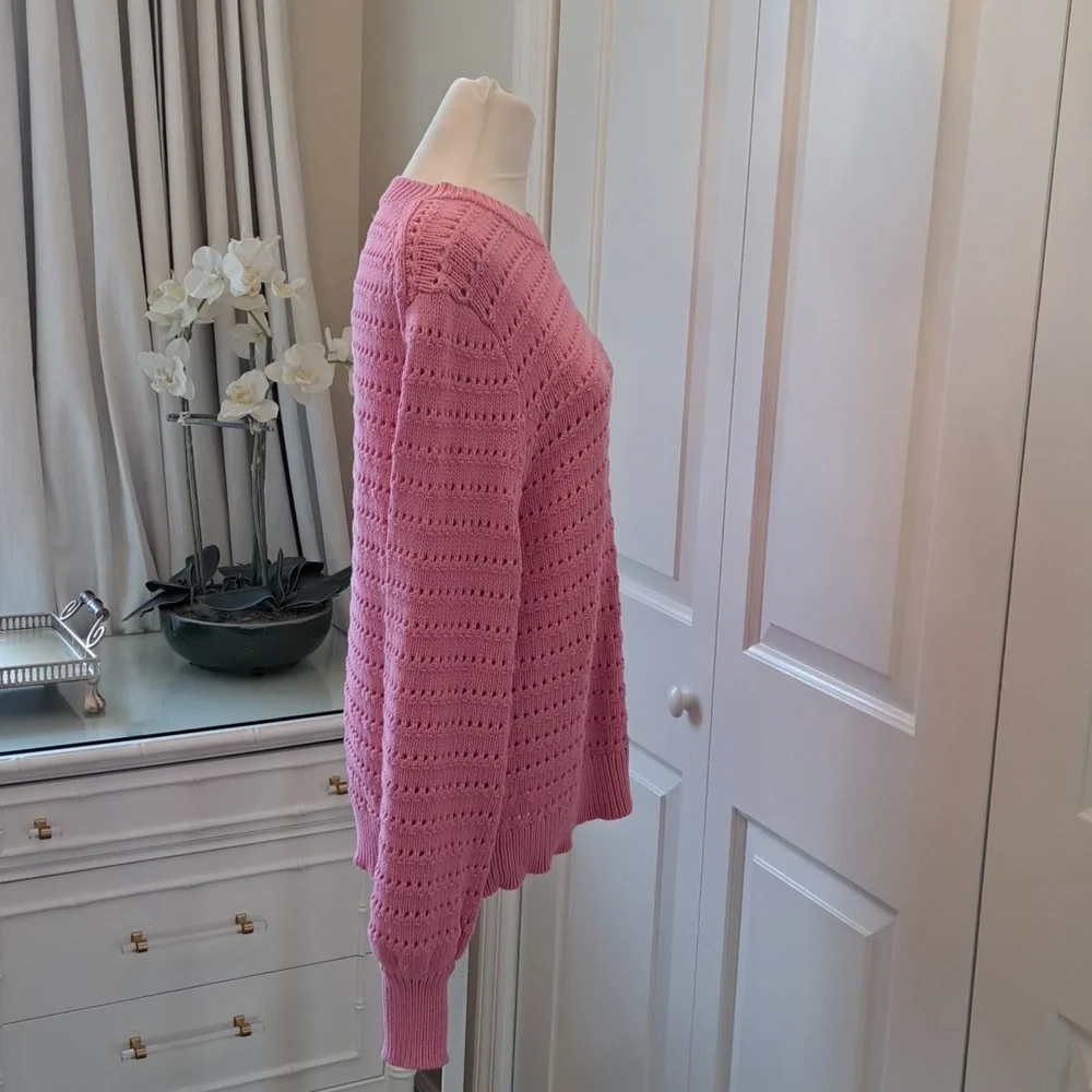 J.Crew Womens Pink Pointelle Style Crewneck Sweater Balloon Sleeves‎ S-M